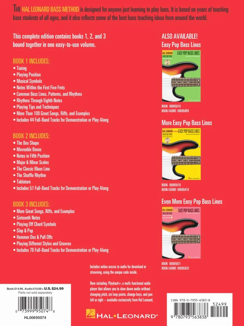 Libri 1,2 e 3 del metodo Hal Leonard Bass, edizione completa, rilegati insieme in un volume facile da usare