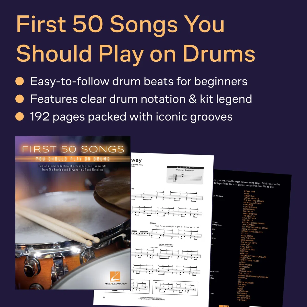 First 50 Songs You Should Play on Drums: Various Artists | per Batteria per Principianti con Notazione per Batteria e Guide del Drum Kit | 50 Brani Rock Pop Funk per Studio e Repertorio
